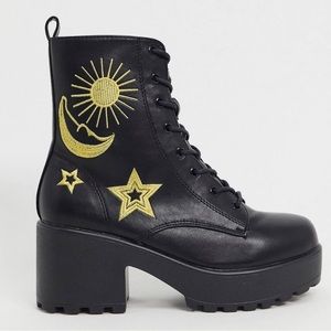 Koi Footwear Celestial Chinky Ankle Boots in black and gold | US 9